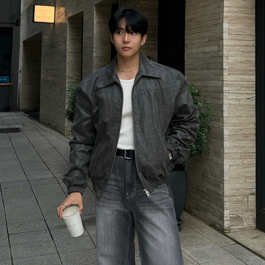Casual Retro Style Short Jacket for Men Loose Fit Turn-Down Collar Outerwear Fashion Versatile Top