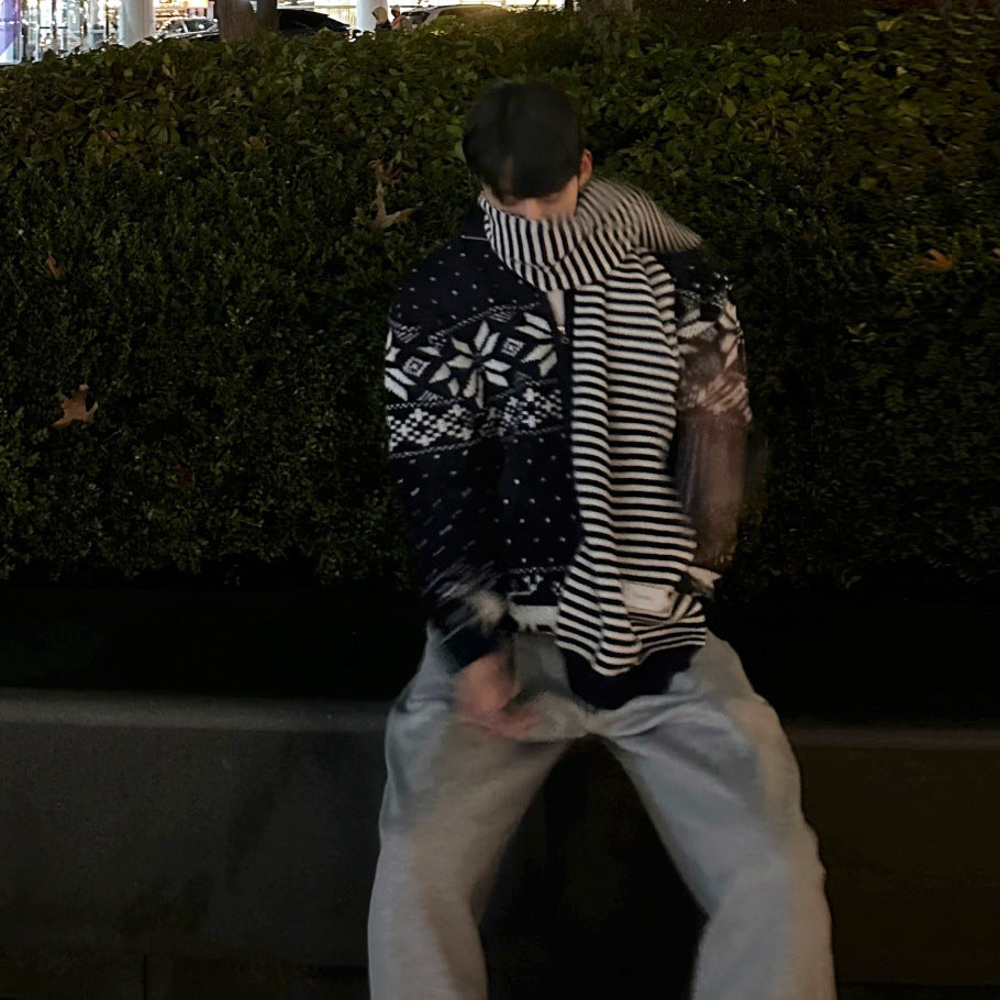 Fashion Color-blocked Open Cardigan Sweater Men Winter Loose Double Zip Knit Jacket Christmas Outfit