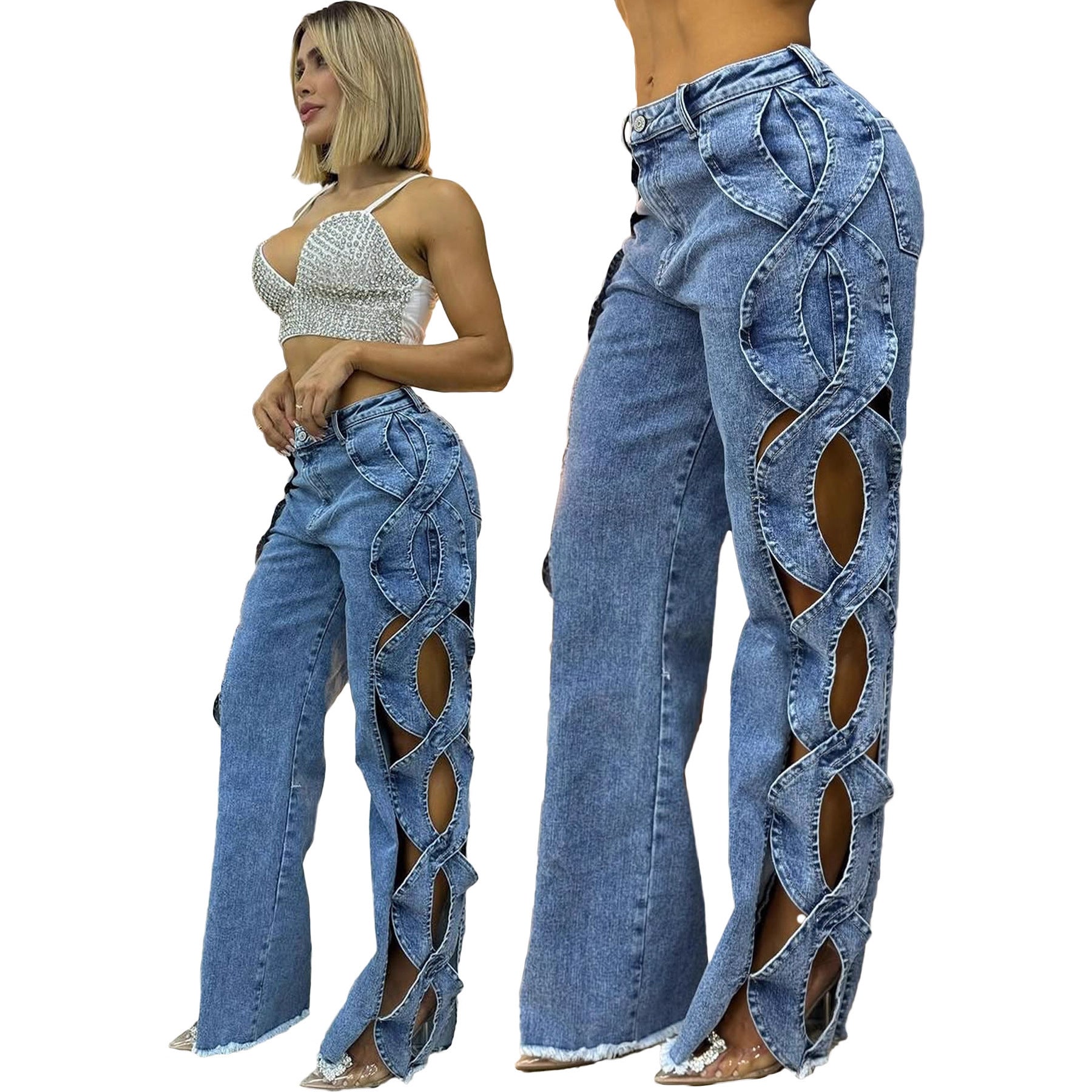 Spring Summer Women's Fashion Side Cut-out S-line Denim Patchwork Pants