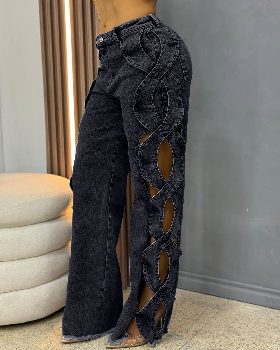 Spring Summer Women's Fashion Side Cut-out S-line Denim Patchwork Pants