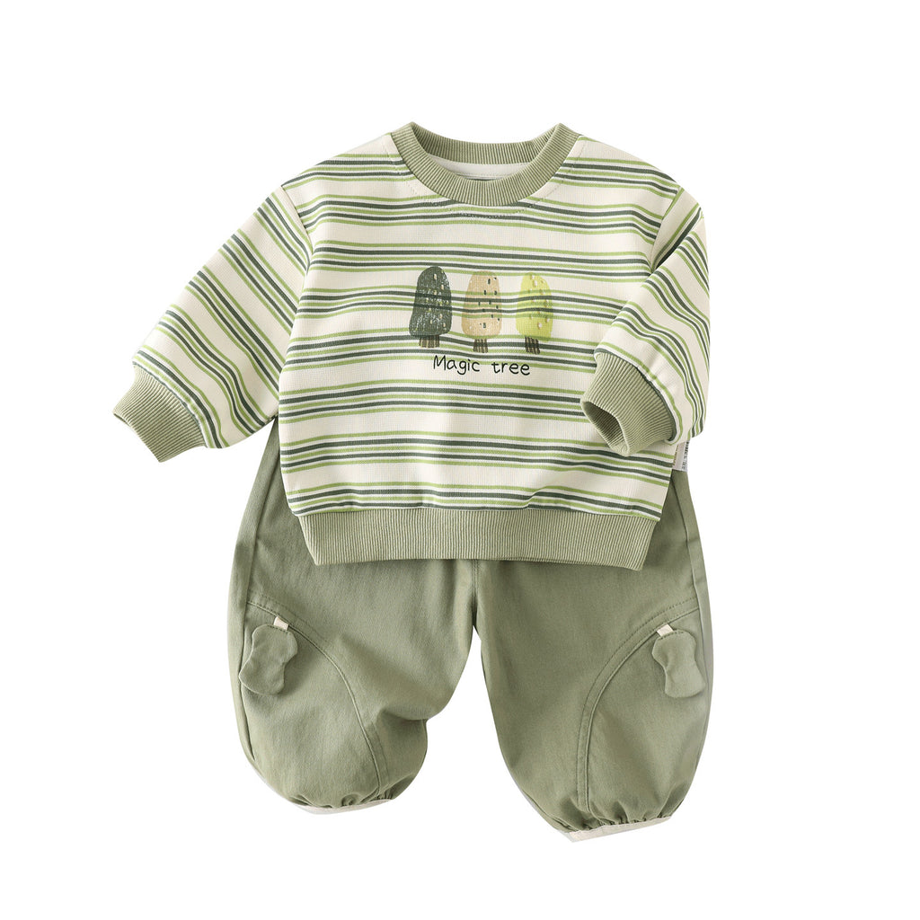 Cute Cartoon Stripe Hoodie Set for Boys, Casual Spring and Autumn Outfit, Two-Piece Suit for Toddlers and Preschool Kids