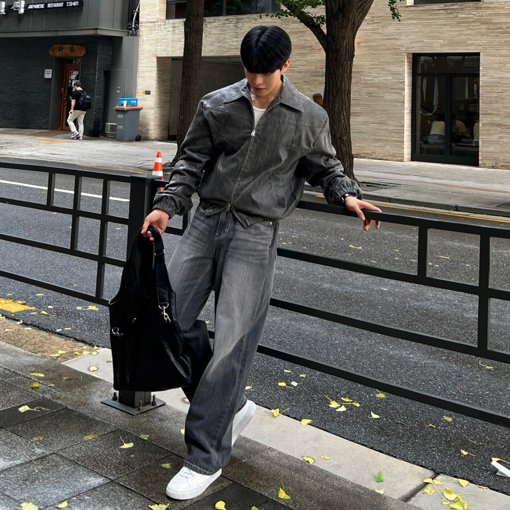 Casual Retro Style Short Jacket for Men Loose Fit Turn-Down Collar Outerwear Fashion Versatile Top