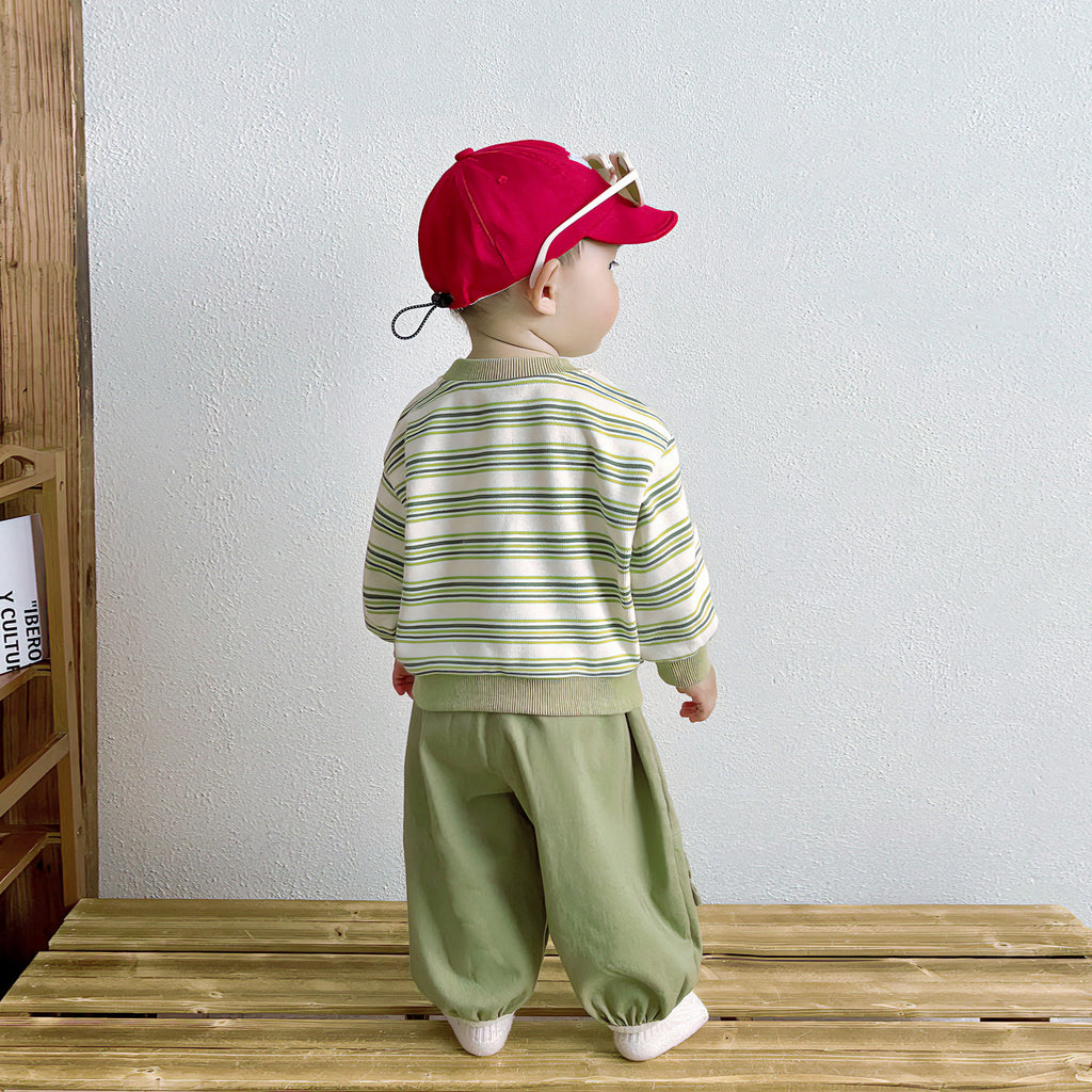 Cute Cartoon Stripe Hoodie Set for Boys, Casual Spring and Autumn Outfit, Two-Piece Suit for Toddlers and Preschool Kids