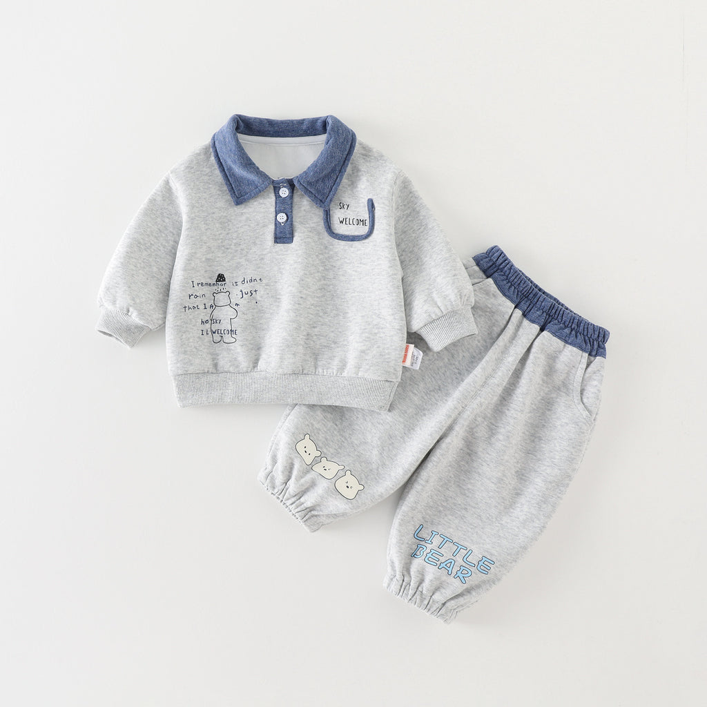 Cute Baby Boy Autumn Long Sleeve Separated Outfit Set with Turn-Down Collar, Stylish Two-Piece Suit for Spring and Autumn Outdoor Wear