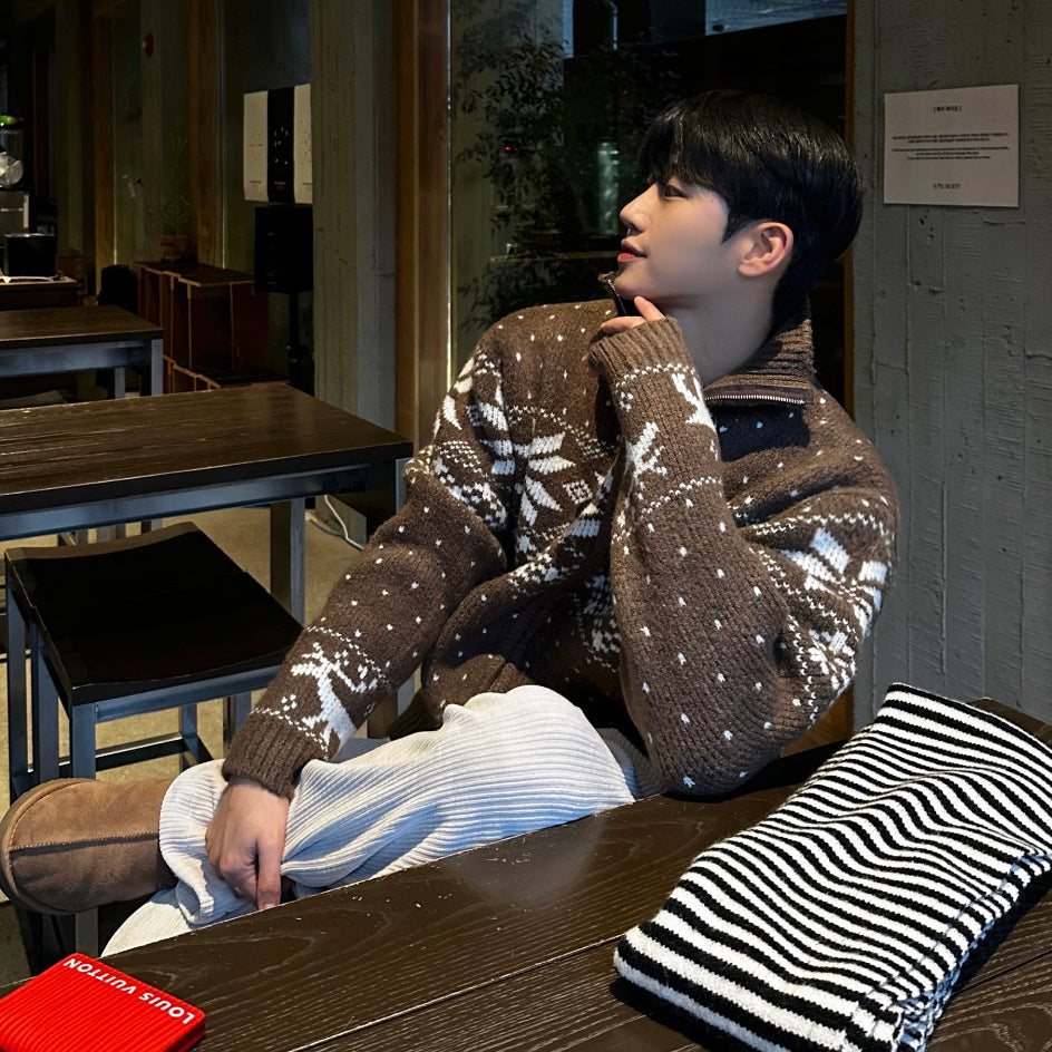 Fashion Color-blocked Open Cardigan Sweater Men Winter Loose Double Zip Knit Jacket Christmas Outfit