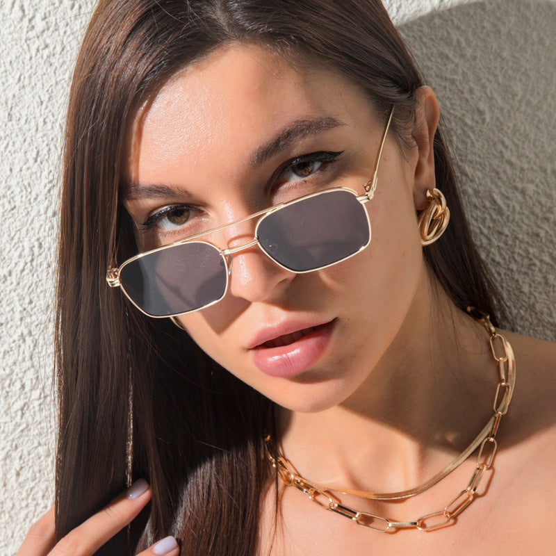 New Square Ocean Piece Sunglasses Men And Women Trend Metal Frame Sunglasses Fashion Double Beam Glasses