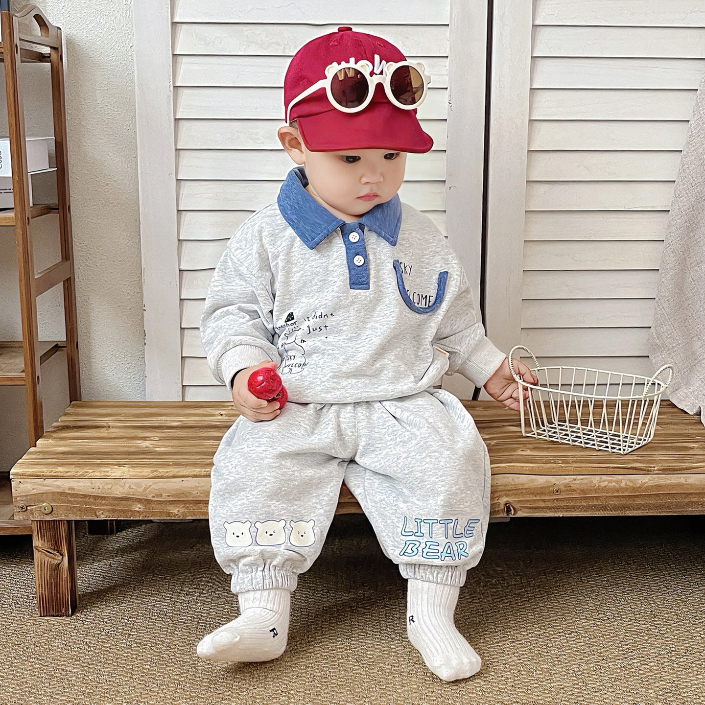 Cute Baby Boy Autumn Long Sleeve Separated Outfit Set with Turn-Down Collar, Stylish Two-Piece Suit for Spring and Autumn Outdoor Wear