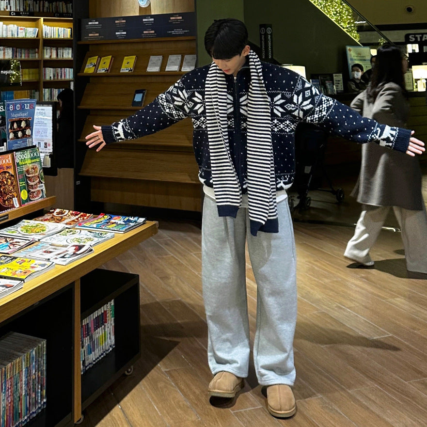 Fashion Color-blocked Open Cardigan Sweater Men Winter Loose Double Zip Knit Jacket Christmas Outfit