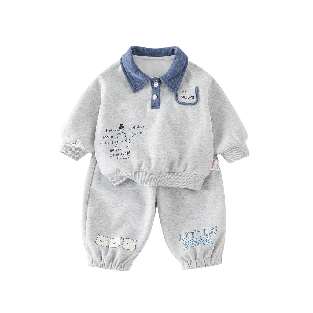 Cute Baby Boy Autumn Long Sleeve Separated Outfit Set with Turn-Down Collar, Stylish Two-Piece Suit for Spring and Autumn Outdoor Wear