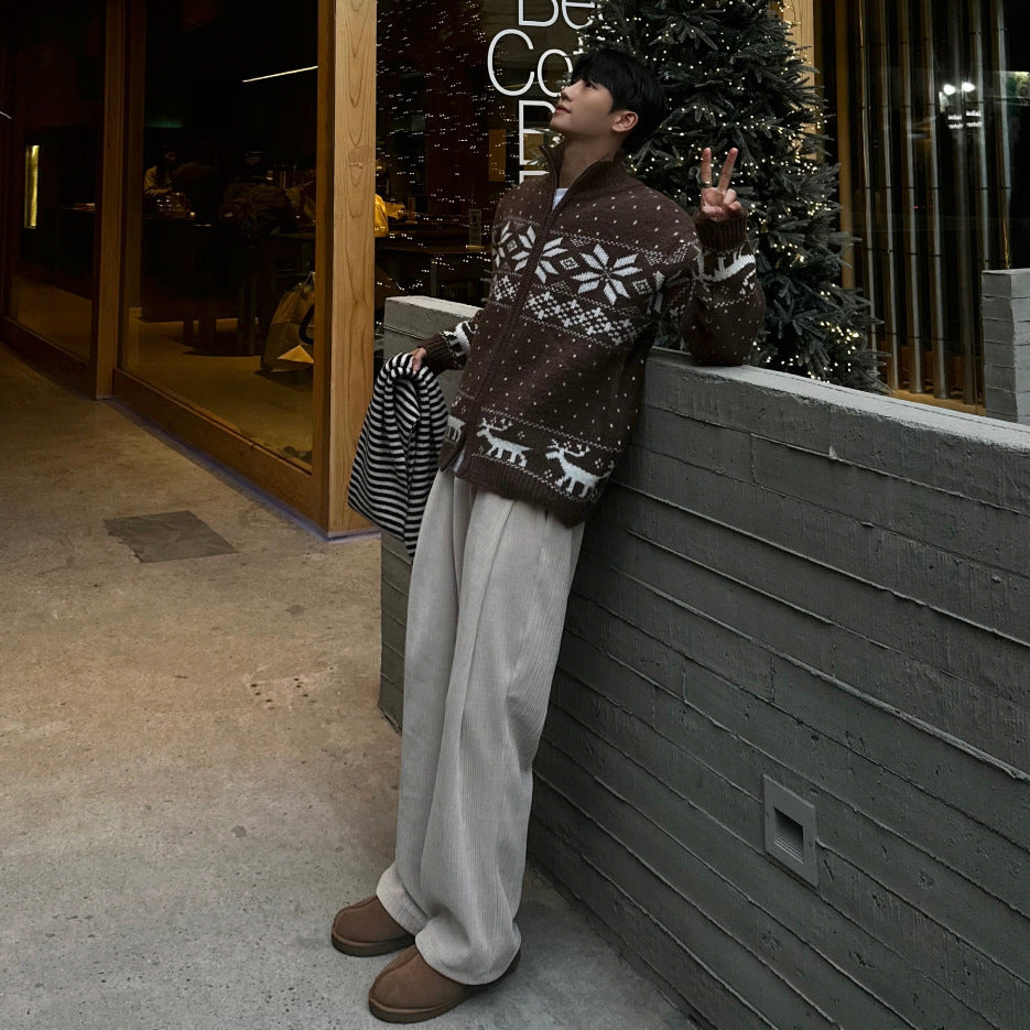Fashion Color-blocked Open Cardigan Sweater Men Winter Loose Double Zip Knit Jacket Christmas Outfit