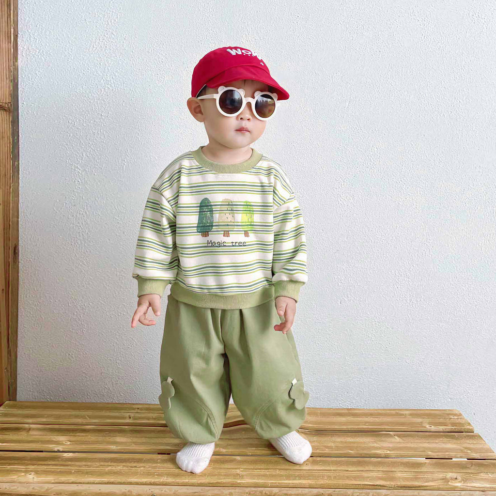Cute Cartoon Stripe Hoodie Set for Boys, Casual Spring and Autumn Outfit, Two-Piece Suit for Toddlers and Preschool Kids