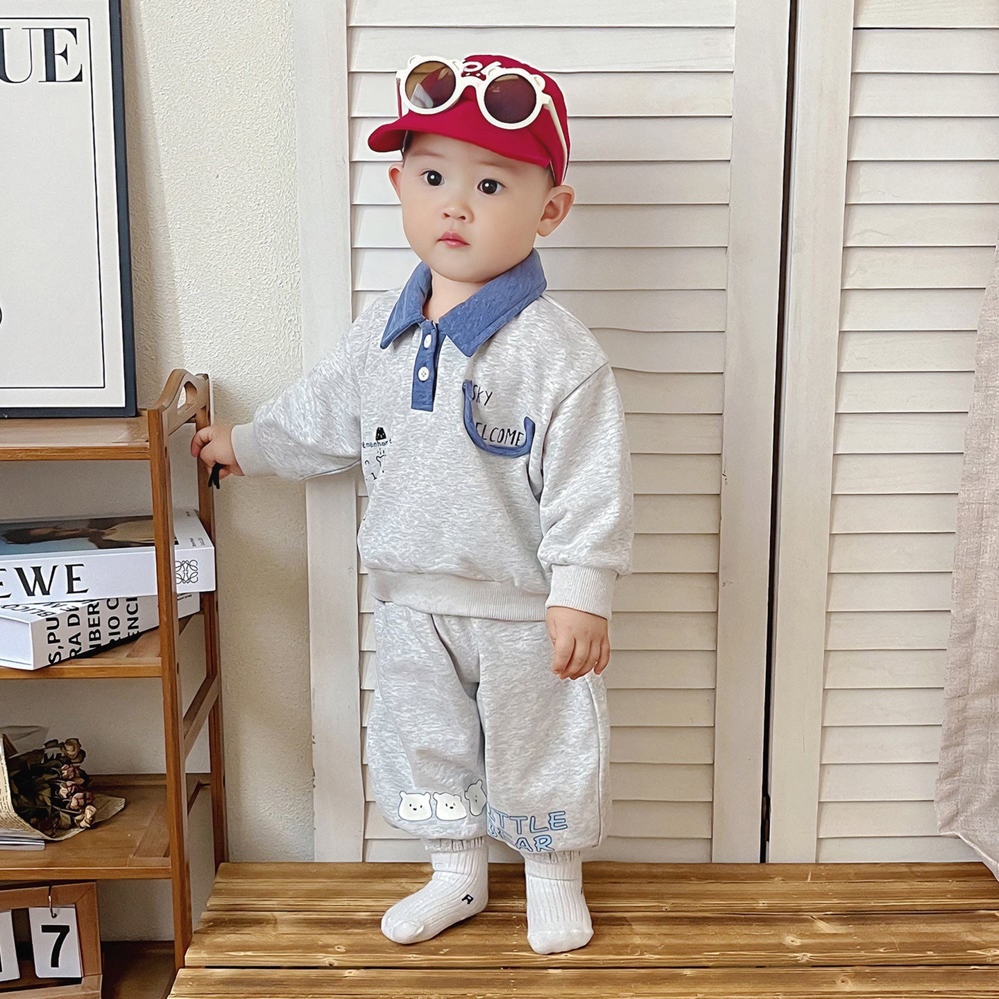 Cute Baby Boy Autumn Long Sleeve Separated Outfit Set with Turn-Down Collar, Stylish Two-Piece Suit for Spring and Autumn Outdoor Wear