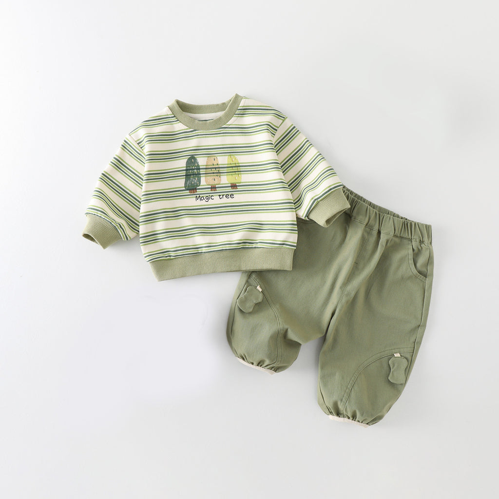 Cute Cartoon Stripe Hoodie Set for Boys, Casual Spring and Autumn Outfit, Two-Piece Suit for Toddlers and Preschool Kids