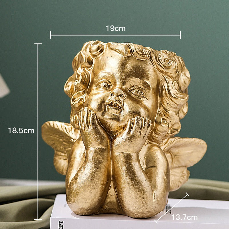 Cute little angel home decoration with gold cheeks and flower pots