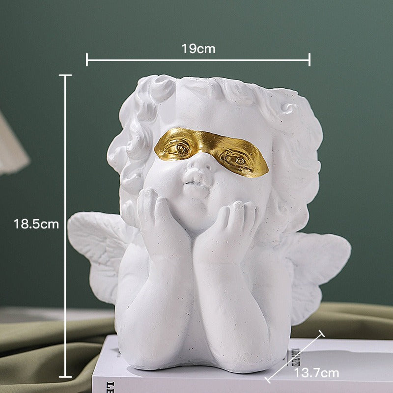 Cute little angel home decoration with gold cheeks and flower pots